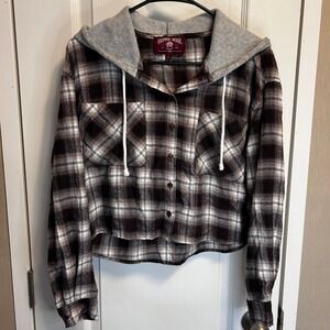 Hippie Rose Brown Plaid Cropped Hoodie Shirt Womens Size Small